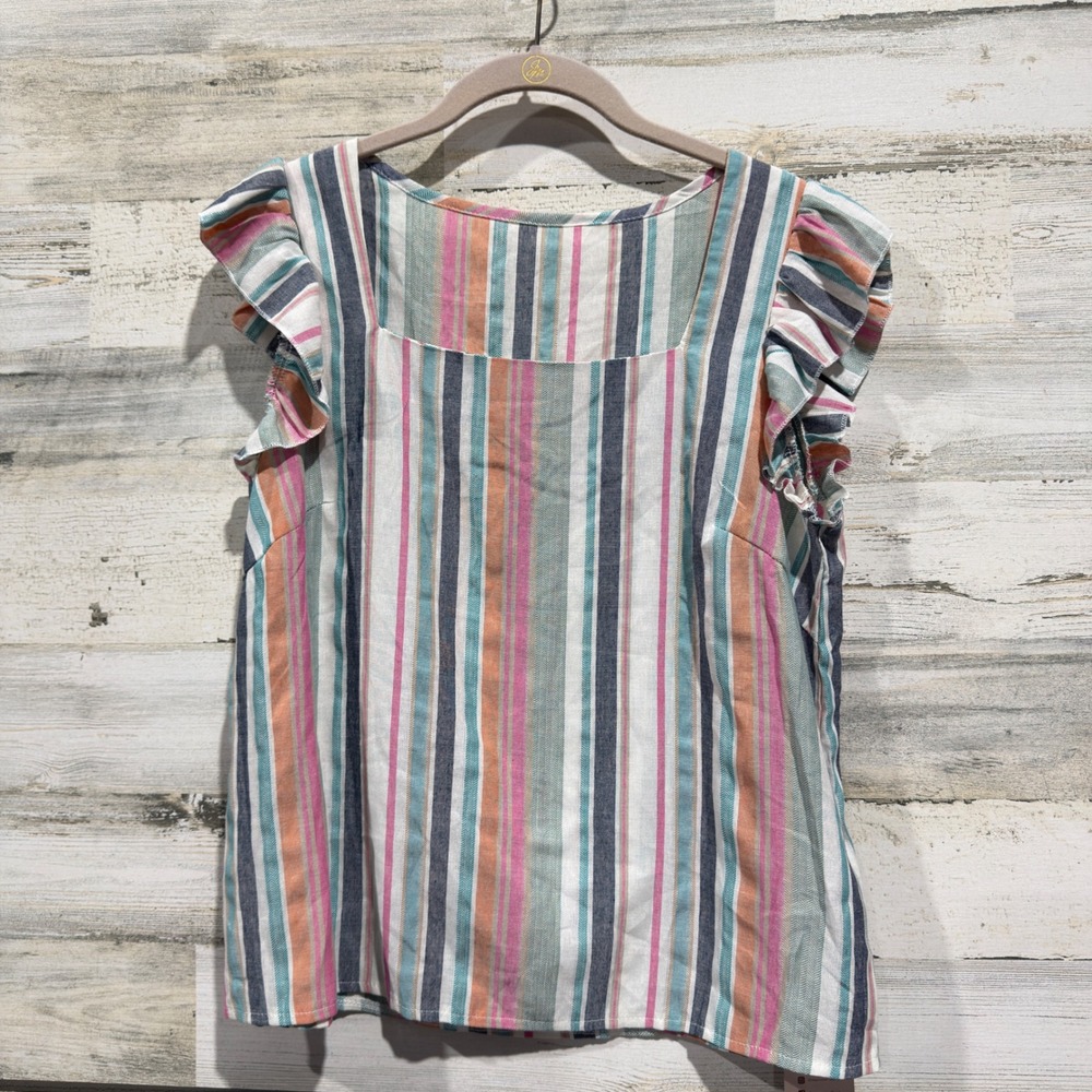 Emery Rose Blouse Women Medium Multi Stripe Ruffle Sleeve Coastal NWT